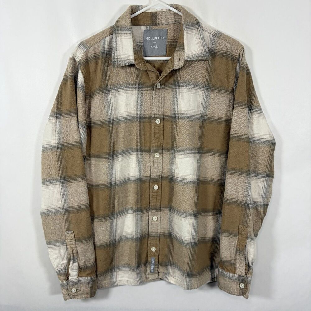 Hollister Button Up Flannel Shirt Mens Size Large Brown Beige Plaid Long Sleeve